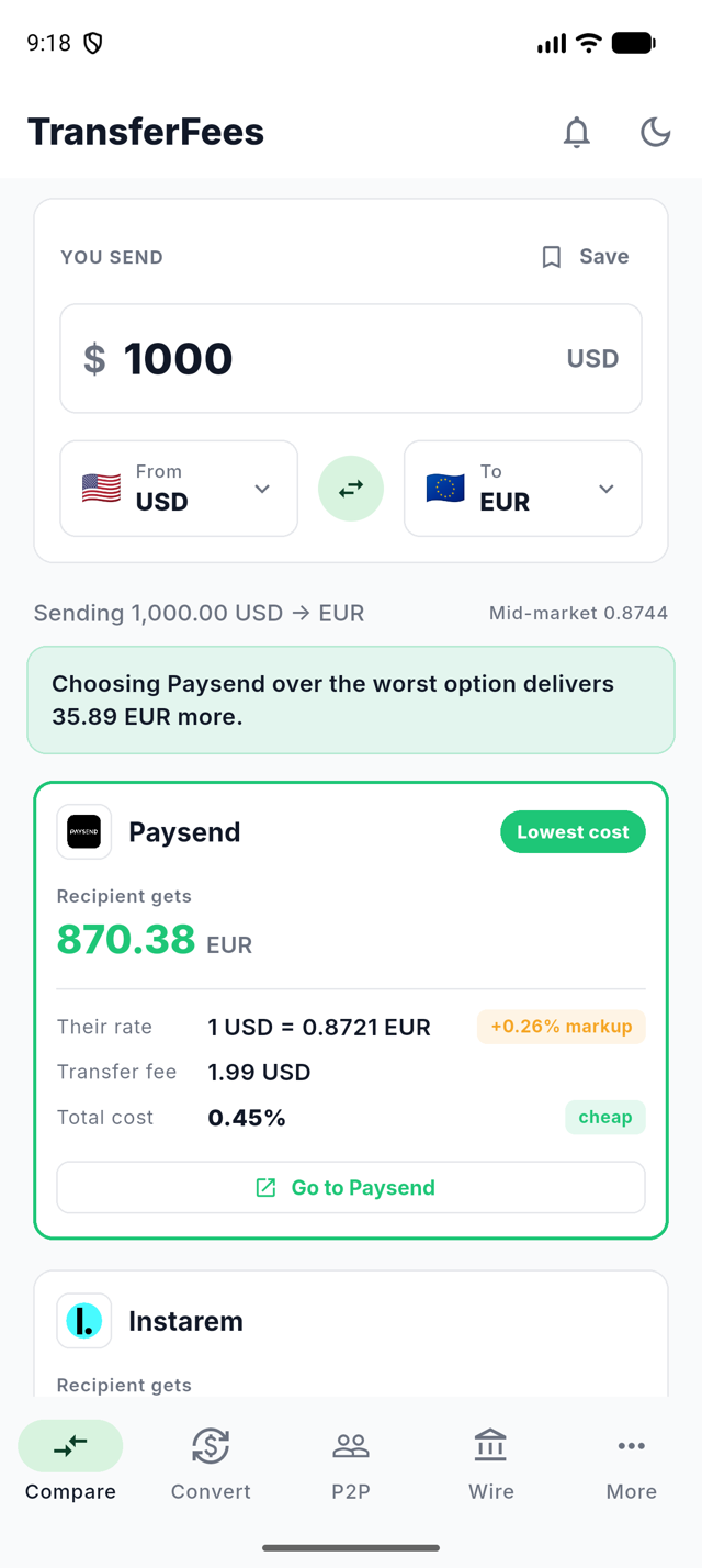 The TransferFees app comparing the cost of sending 1,000 USD to EUR across providers, with Paysend ranked lowest cost