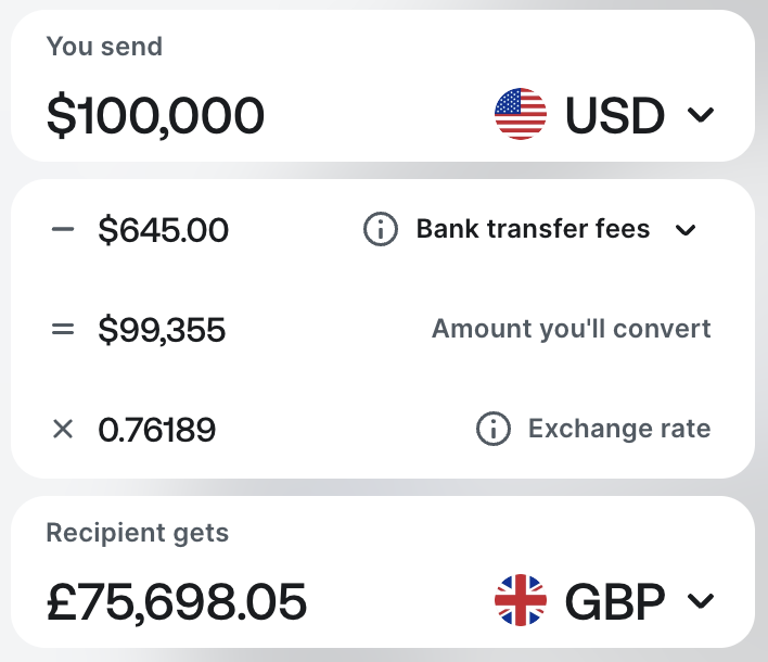 Revolut $100,000 transfer showing $645 fee