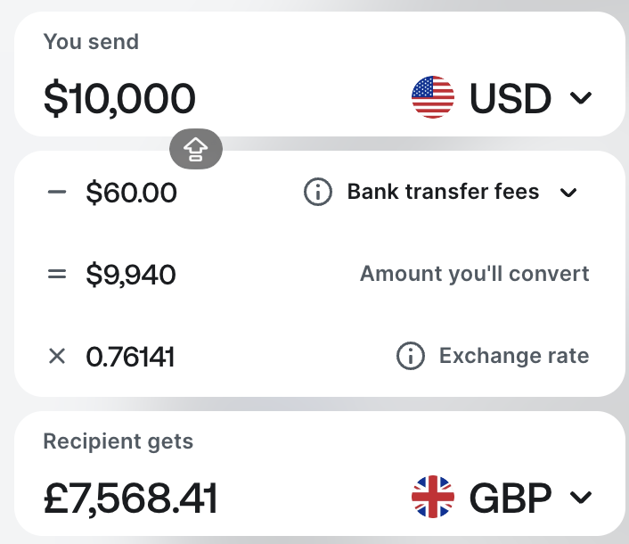 Revolut $10,000 transfer showing $60 fee