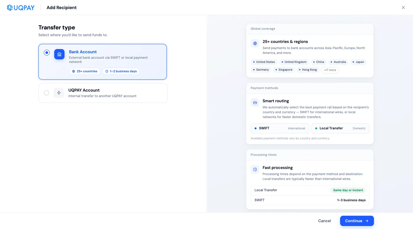 UQPAY dashboard: recipient setup