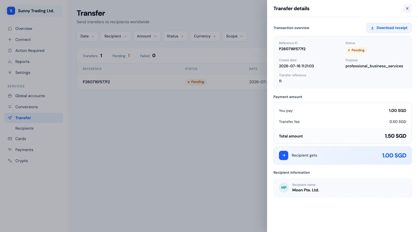 UQPAY dashboard: transfer details